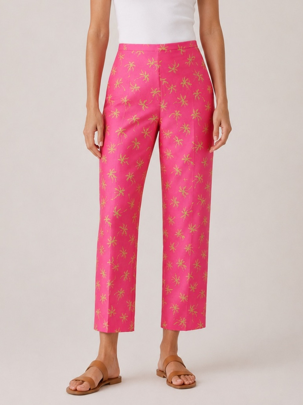 Y2K Pink Palm Tree Silk Pants Sz 4 Coastal‎ Tropical Barbiecore Vacation Cruise